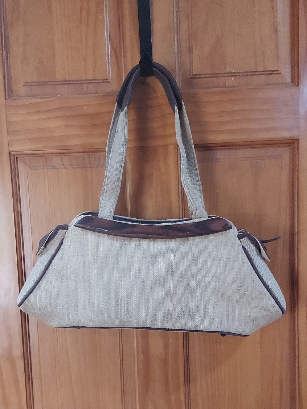 Neutral Beige Canvas Tote with Brown Trim - Everyday Women's Bag